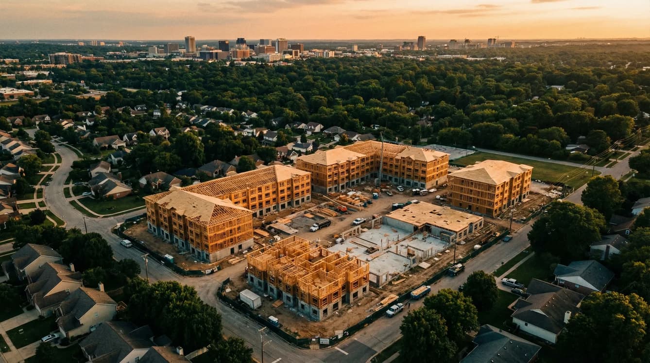 Aerial view of a large multifamily construction project at sunset